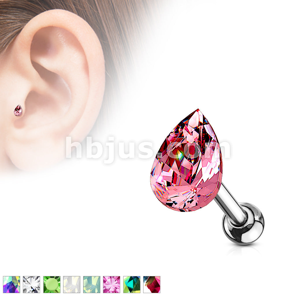 Tear Drop Crystal Top 316L Surgical Steel Cartilage, Tragus Barbell Studs - Image 2