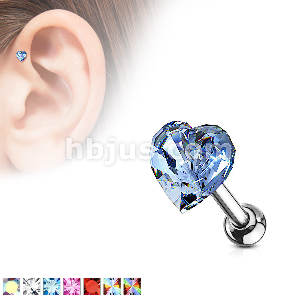 Heart Crystal Top 316L Surgical Steel Cartilage, Tragus Barbell Studs - Image 2