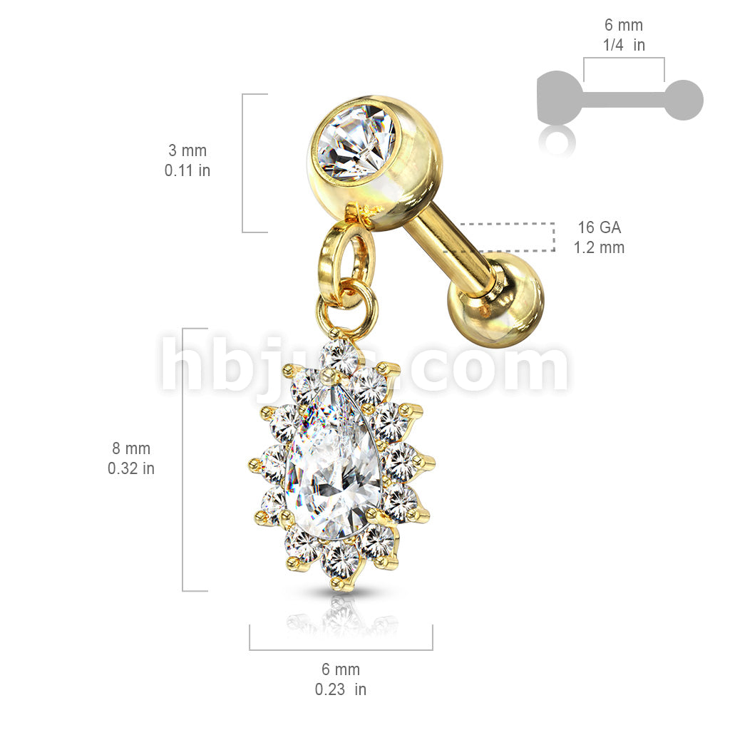 Pear CZ with Round CZ Surrounding Dangle Jeweled Set Ball 316L Surgical... - Image 10