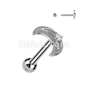 Crescent Moon With CZ Center All 316L Surgical Steel Cartilage, Tragus... - Image 2