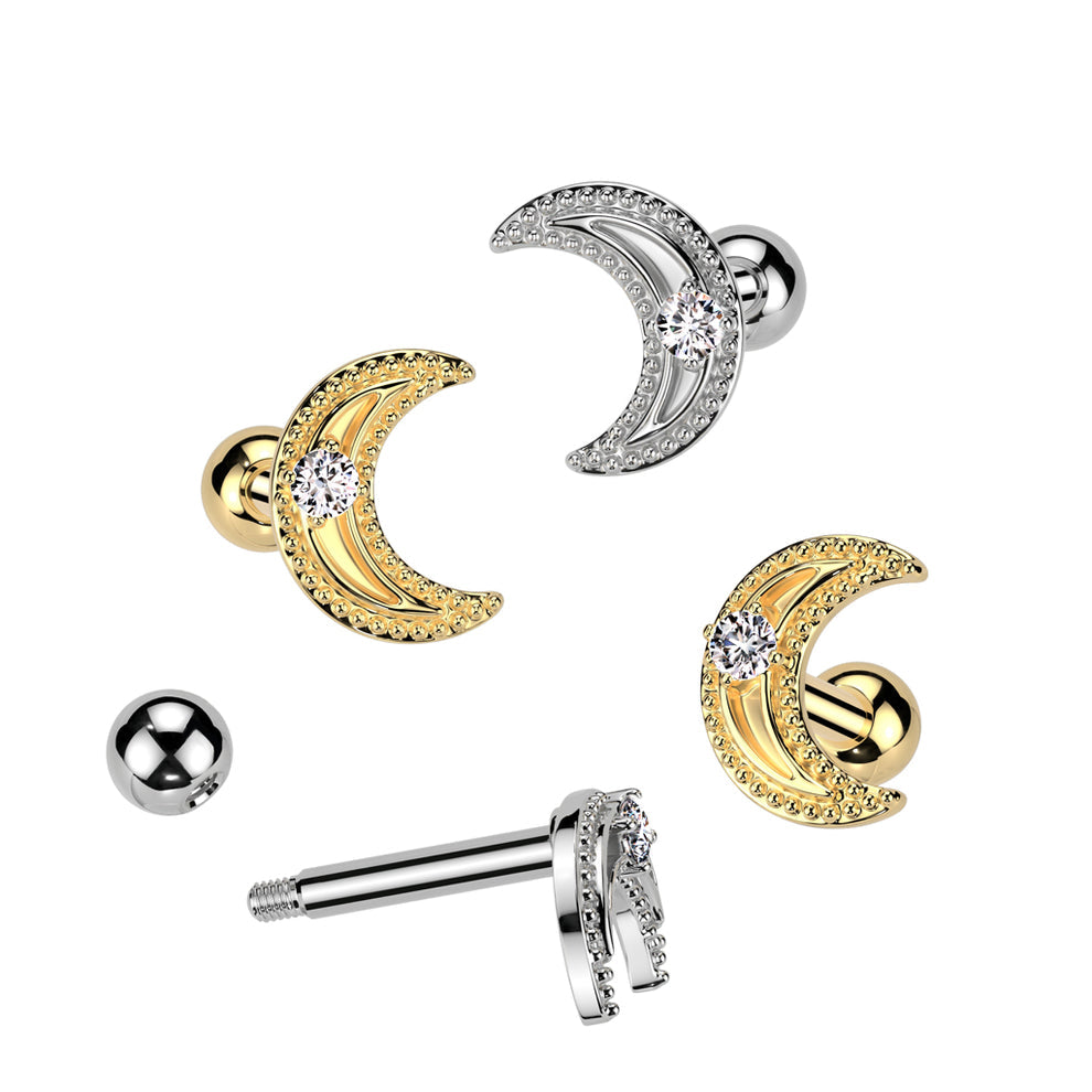 Crescent Moon With CZ Center All 316L Surgical Steel Cartilage, Tragus...