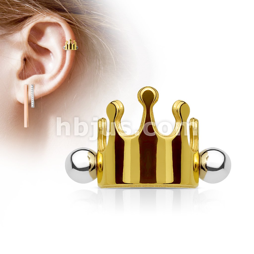 Crown 316L Surgical Steel Ear Cartilage/Helix Cuff Barbell - Image 2