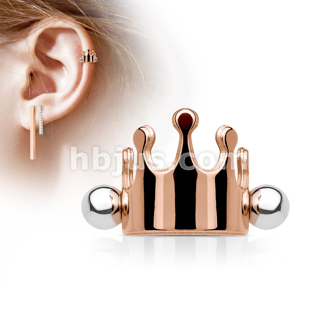 Crown 316L Surgical Steel Ear Cartilage/Helix Cuff Barbell - Image 4