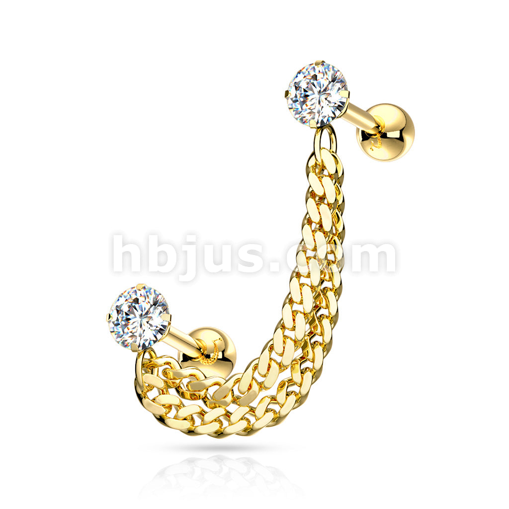 Double Chain Linked Prong Set CZ Cartilage Barbells 316L Surgical Steel - Image 3