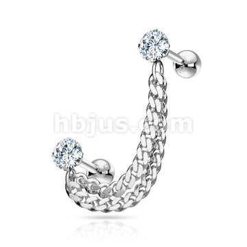 Double Chain Linked Prong Set CZ Cartilage Barbells 316L Surgical Steel - Image 5