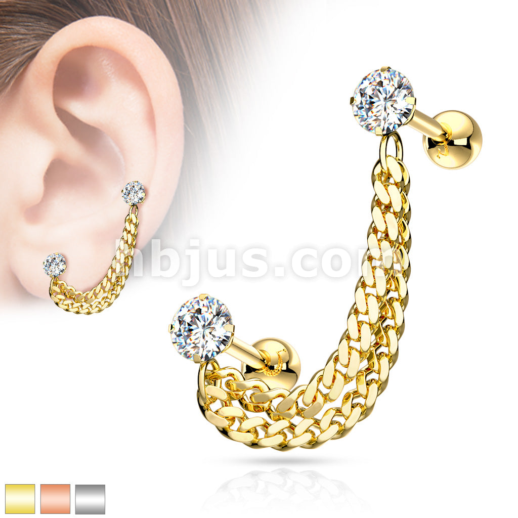 Double Chain Linked Prong Set CZ Cartilage Barbells 316L Surgical Steel - Image 2