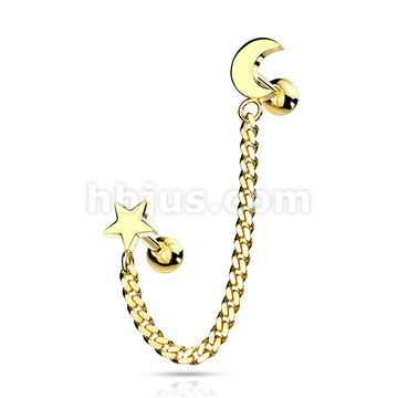 Star and Chain Linked Crescent Moon Cartilage Barbells 316L Surgical Steel - Image 3