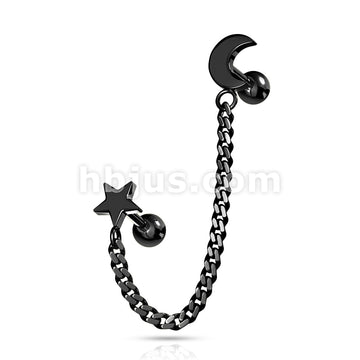 Star and Chain Linked Crescent Moon Cartilage Barbells 316L Surgical Steel - Image 4