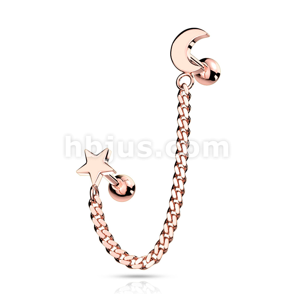 Star and Chain Linked Crescent Moon Cartilage Barbells 316L Surgical Steel - Image 5