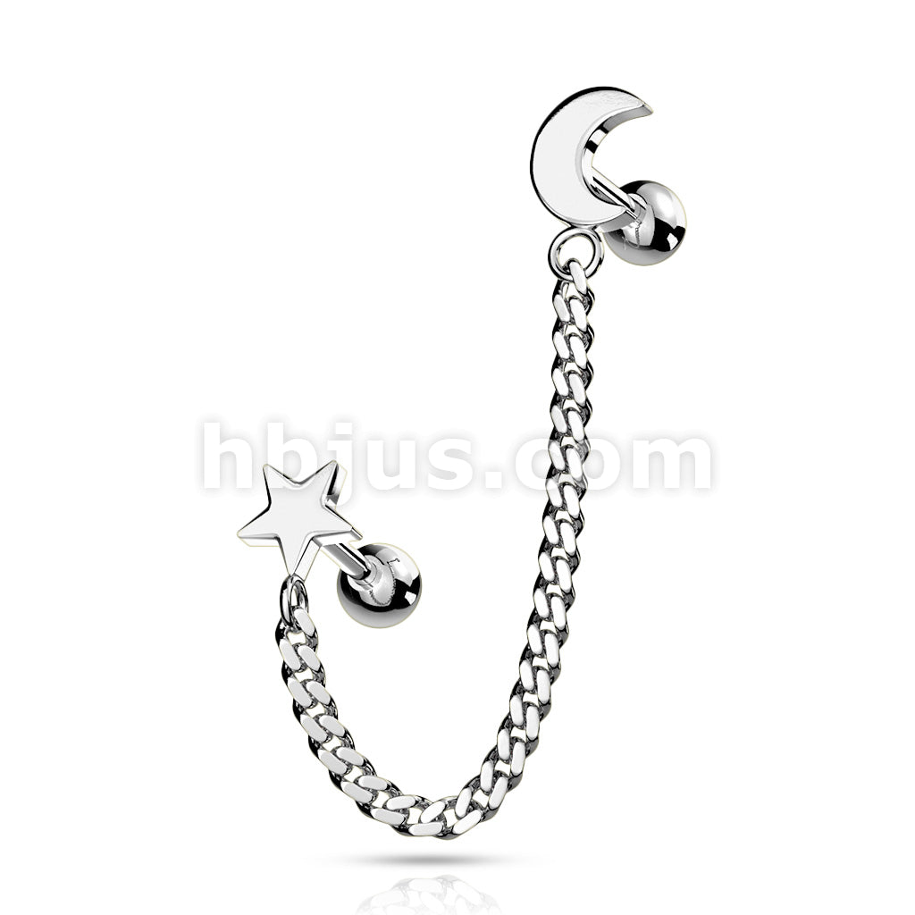 Star and Chain Linked Crescent Moon Cartilage Barbells 316L Surgical Steel - Image 6