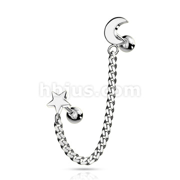 Star and Chain Linked Crescent Moon Cartilage Barbells 316L Surgical Steel - Image 6