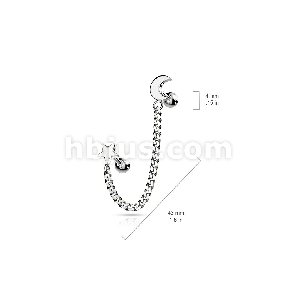 Star and Chain Linked Crescent Moon Cartilage Barbells 316L Surgical Steel - Image 7