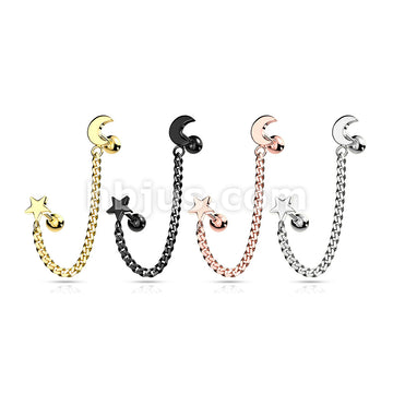Star and Chain Linked Crescent Moon Cartilage Barbells 316L Surgical Steel - Image 8