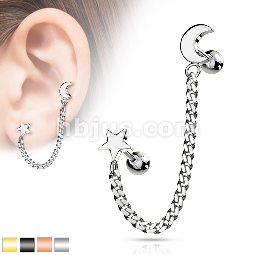 Star and Chain Linked Crescent Moon Cartilage Barbells 316L Surgical Steel - Image 2