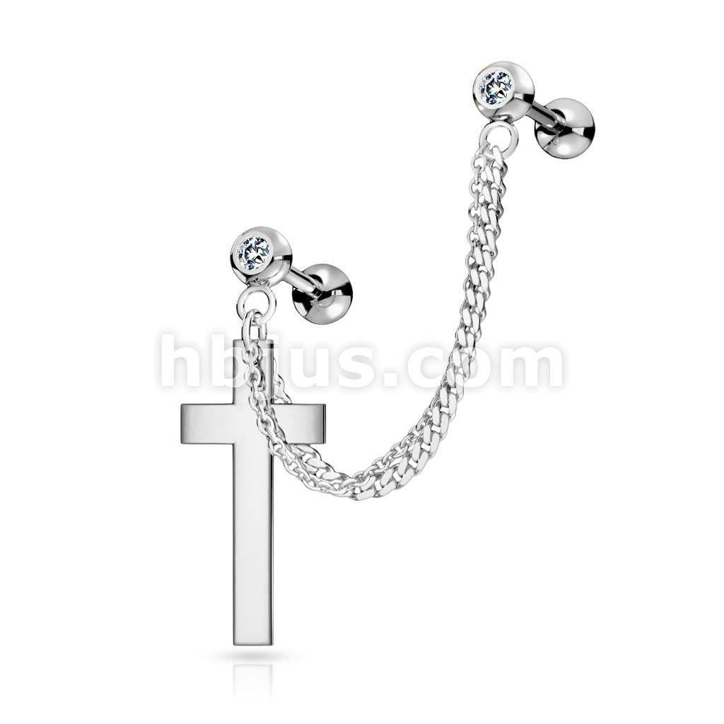 Double Chain Linked Crystal Set Cartilage Barbells with Cross Dangle... - Image 5