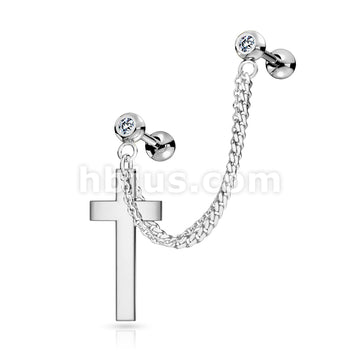 Double Chain Linked Crystal Set Cartilage Barbells with Cross Dangle... - Image 5