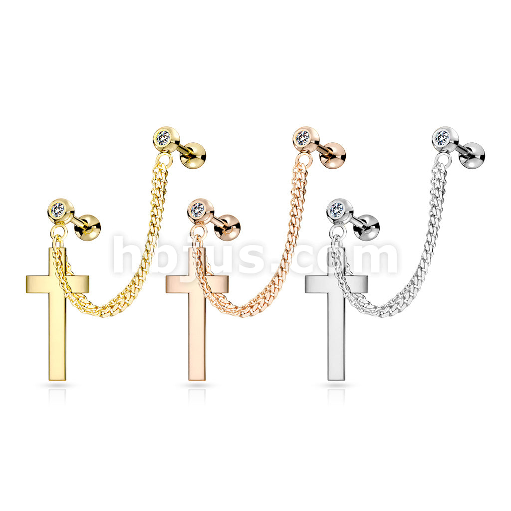 Double Chain Linked Crystal Set Cartilage Barbells with Cross Dangle... - Image 7