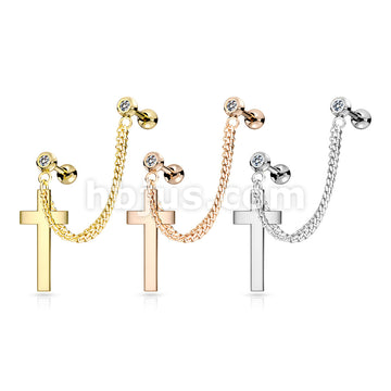 Double Chain Linked Crystal Set Cartilage Barbells with Cross Dangle... - Image 7