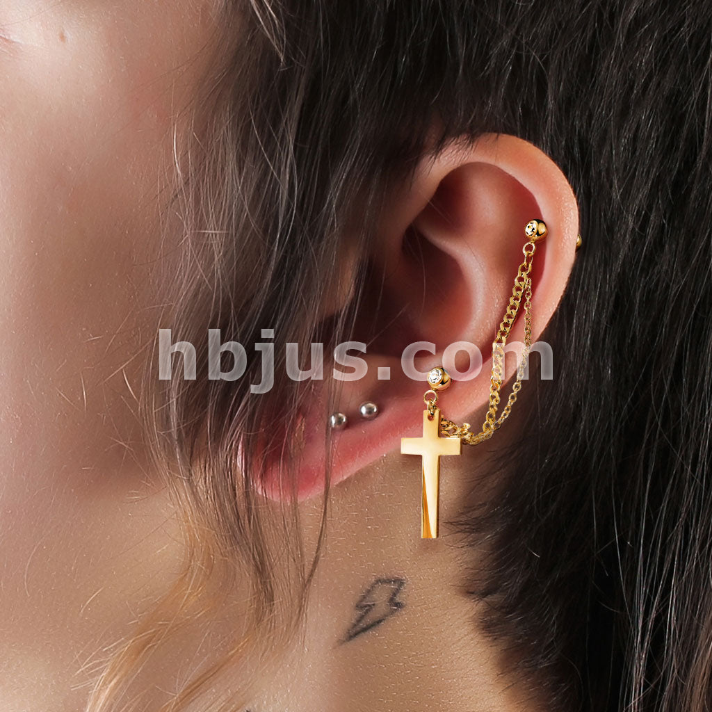 Double Chain Linked Crystal Set Cartilage Barbells with Cross Dangle... - Image 8
