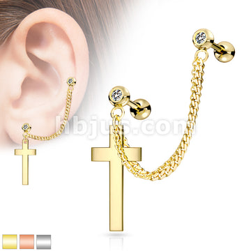 Double Chain Linked Crystal Set Cartilage Barbells with Cross Dangle... - Image 2