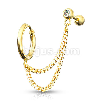 Double Chain Linked Round Clicker Hoop Earring and Crystal Set... - Image 3