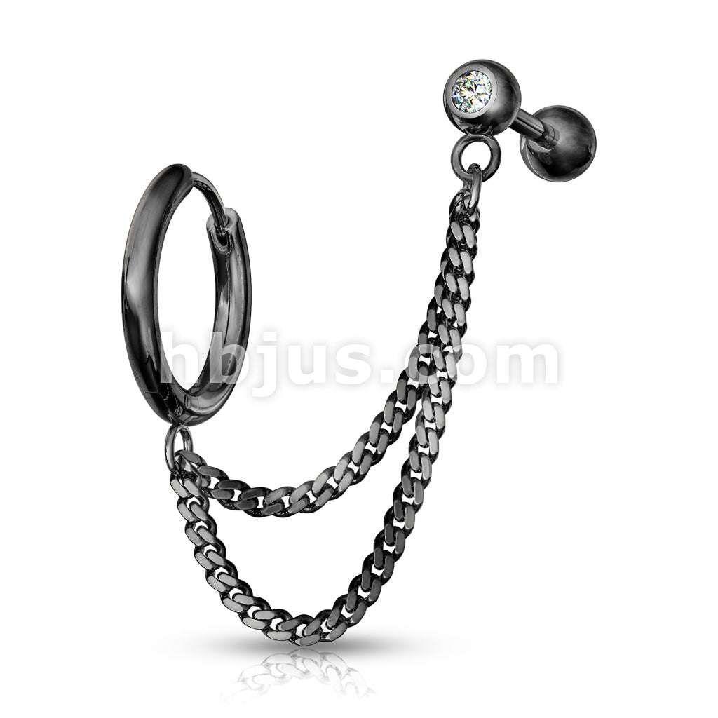 Double Chain Linked Round Clicker Hoop Earring and Crystal Set... - Image 4
