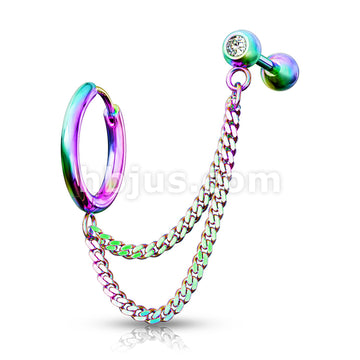 Double Chain Linked Round Clicker Hoop Earring and Crystal Set... - Image 7
