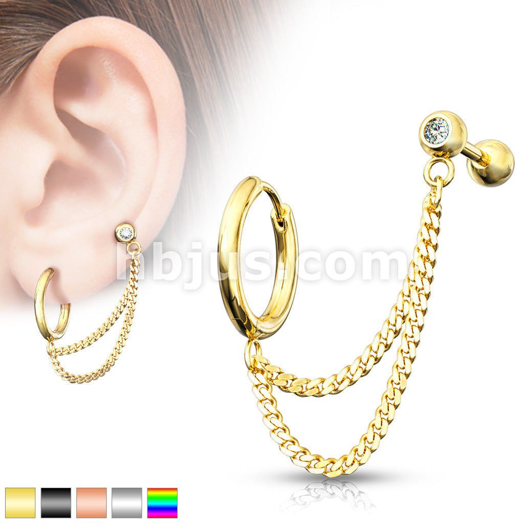 Double Chain Linked Round Clicker Hoop Earring and Crystal Set... - Image 2