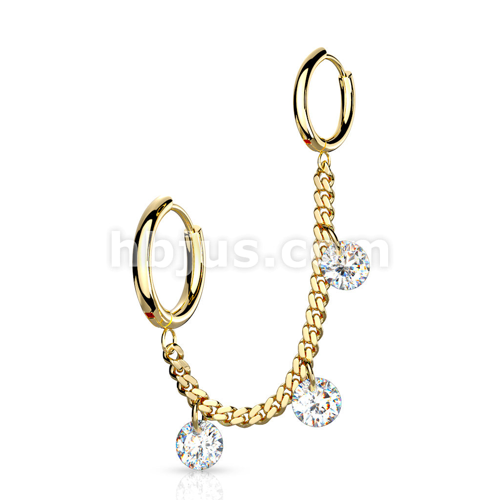 3 CZ DanglesChain Linked Round Clicker Ear Hoops All 316L Surgical Steel - Image 3