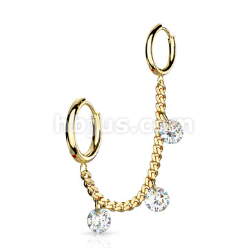 3 CZ DanglesChain Linked Round Clicker Ear Hoops All 316L Surgical Steel - Image 3