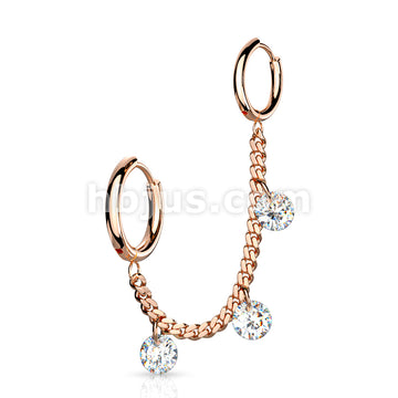 3 CZ DanglesChain Linked Round Clicker Ear Hoops All 316L Surgical Steel - Image 4