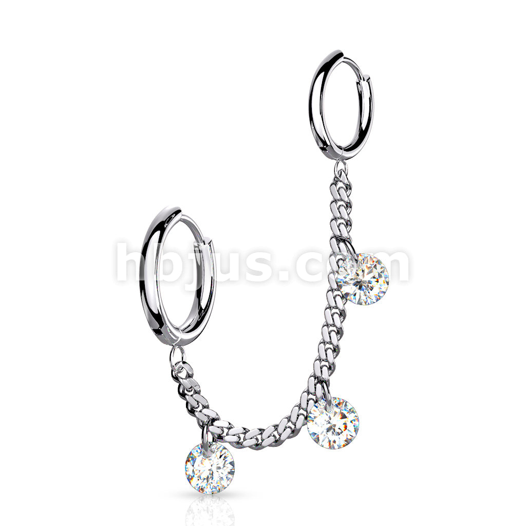 3 CZ DanglesChain Linked Round Clicker Ear Hoops All 316L Surgical Steel - Image 5
