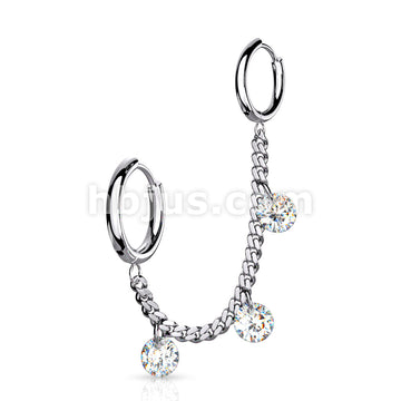 3 CZ DanglesChain Linked Round Clicker Ear Hoops All 316L Surgical Steel - Image 5