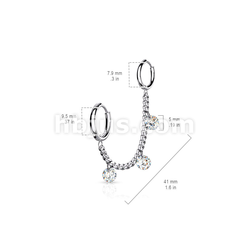 3 CZ DanglesChain Linked Round Clicker Ear Hoops All 316L Surgical Steel - Image 6