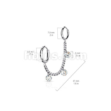 3 CZ DanglesChain Linked Round Clicker Ear Hoops All 316L Surgical Steel - Image 6