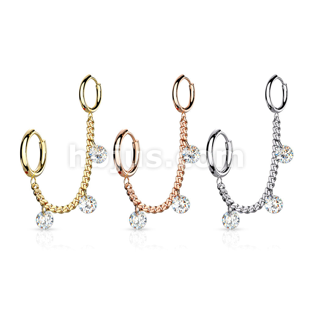 3 CZ DanglesChain Linked Round Clicker Ear Hoops All 316L Surgical Steel - Image 7