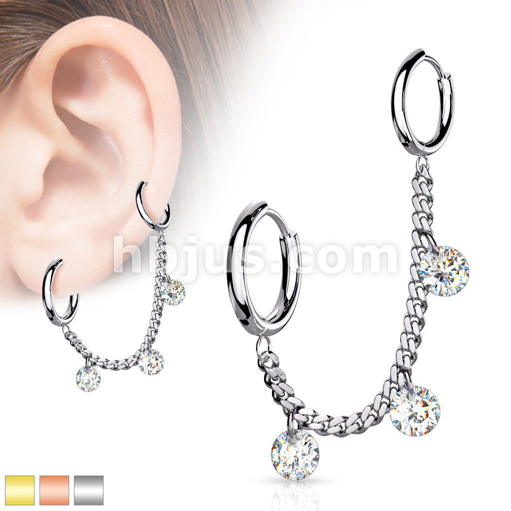 3 CZ DanglesChain Linked Round Clicker Ear Hoops All 316L Surgical Steel - Image 2