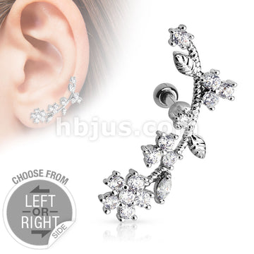 316L Surgical Steel Flower Vine with CZs Cartilage/Tragus Piercing Barbell - Image 2