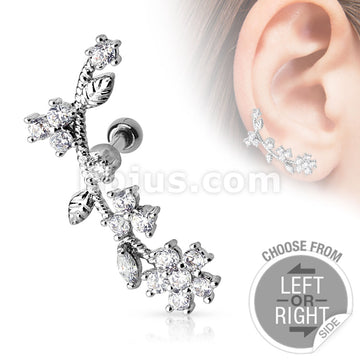 316L Surgical Steel Flower Vine with CZs Cartilage/Tragus Piercing Barbell - Image 3