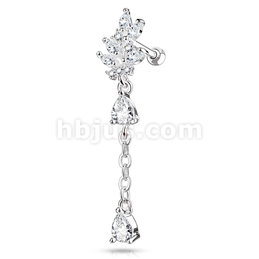 316L Surgical Steel CZ Cluster Leaf with Long Chain Dangled Pear CZ... - Image 2