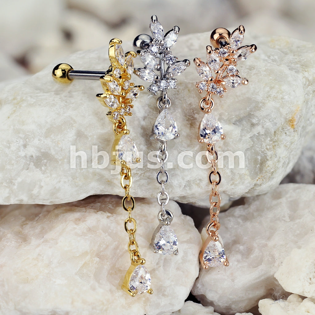316L Surgical Steel CZ Cluster Leaf with Long Chain Dangled Pear CZ... - Image 7
