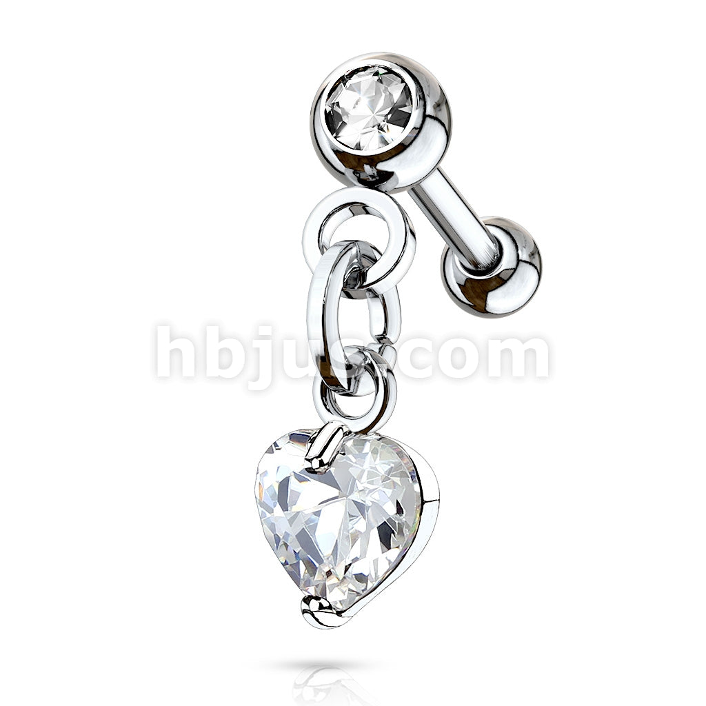 316L Surgical Steel Crystal Set Ball with Prong Set Heart CZ Dangle... - Image 2
