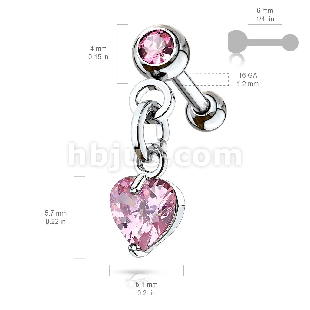 316L Surgical Steel Crystal Set Ball with Prong Set Heart CZ Dangle... - Image 6