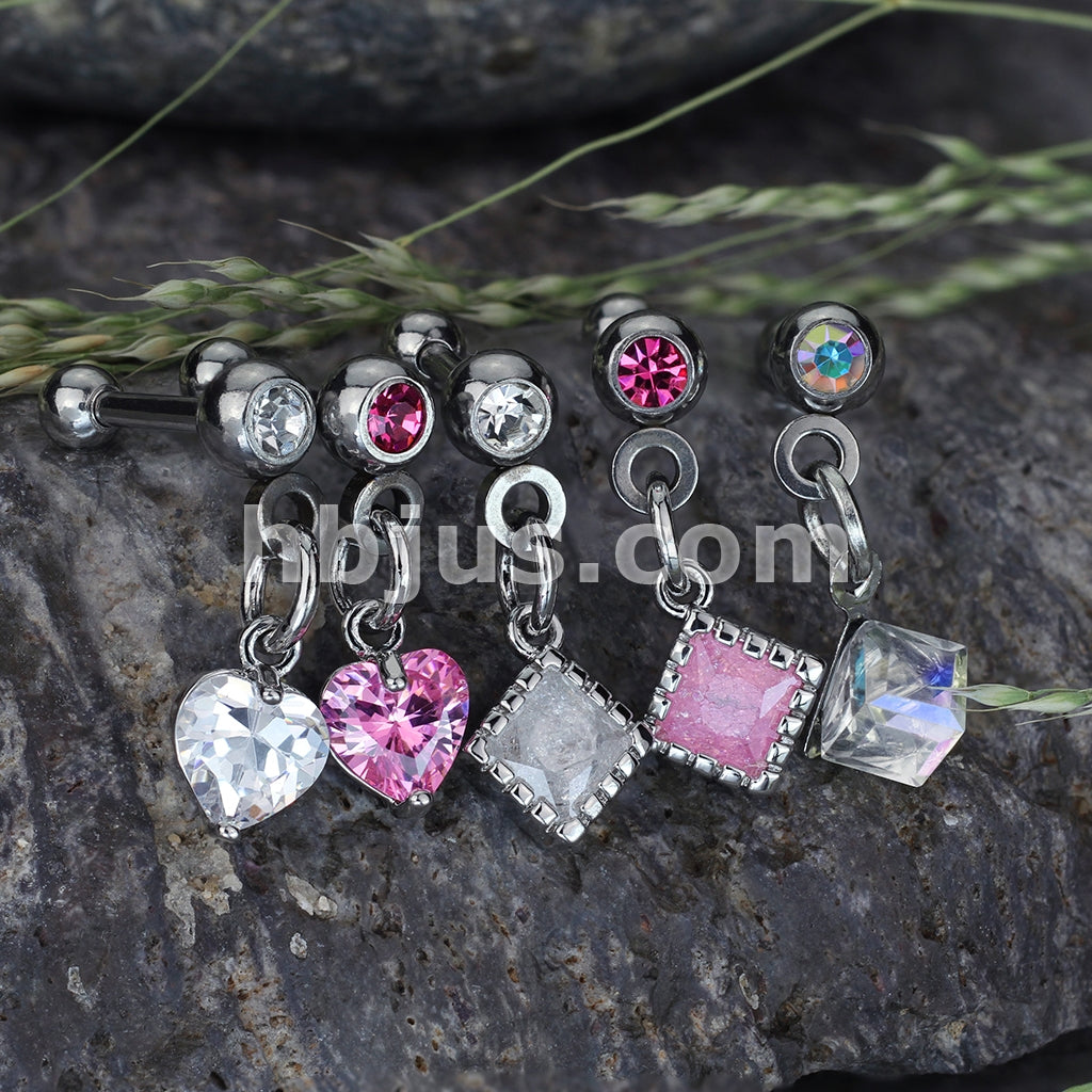 316L Surgical Steel Crystal Set Ball with Prong Set Heart CZ Dangle... - Image 9