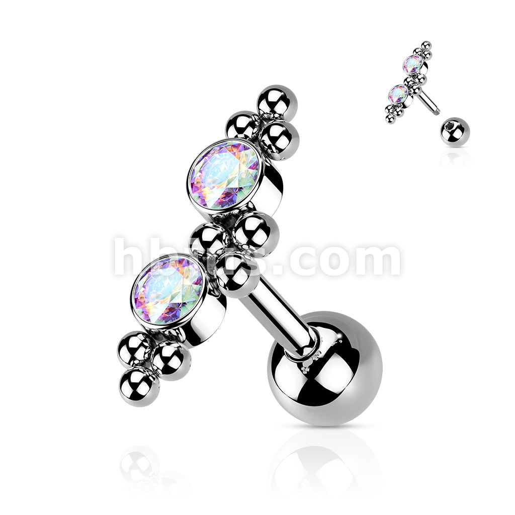 316L Surgical Steel Cartilage Barbell with 2 CZ and Ball Clusters - Image 3
