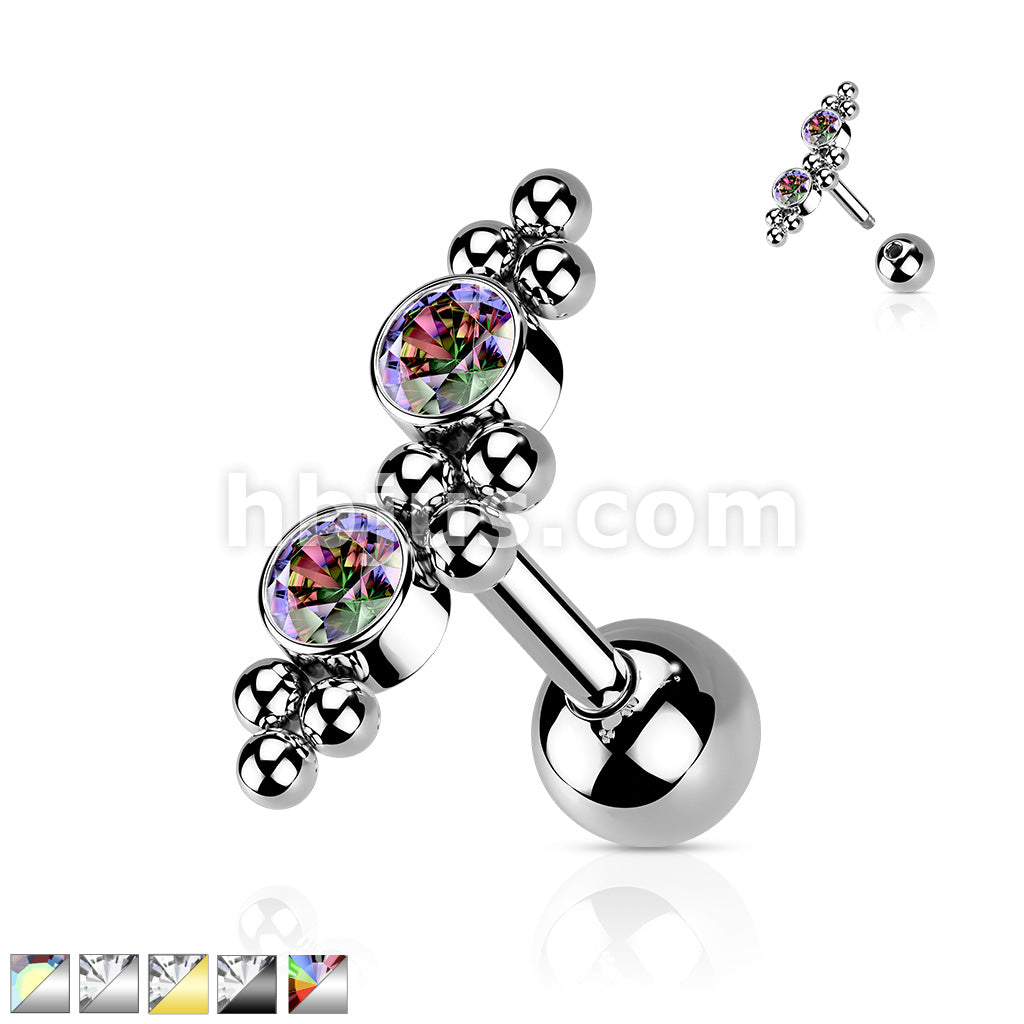 316L Surgical Steel Cartilage Barbell with 2 CZ and Ball Clusters - Image 2