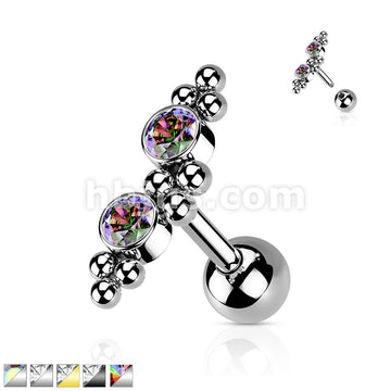 316L Surgical Steel Cartilage Barbell with 2 CZ and Ball Clusters - Image 2