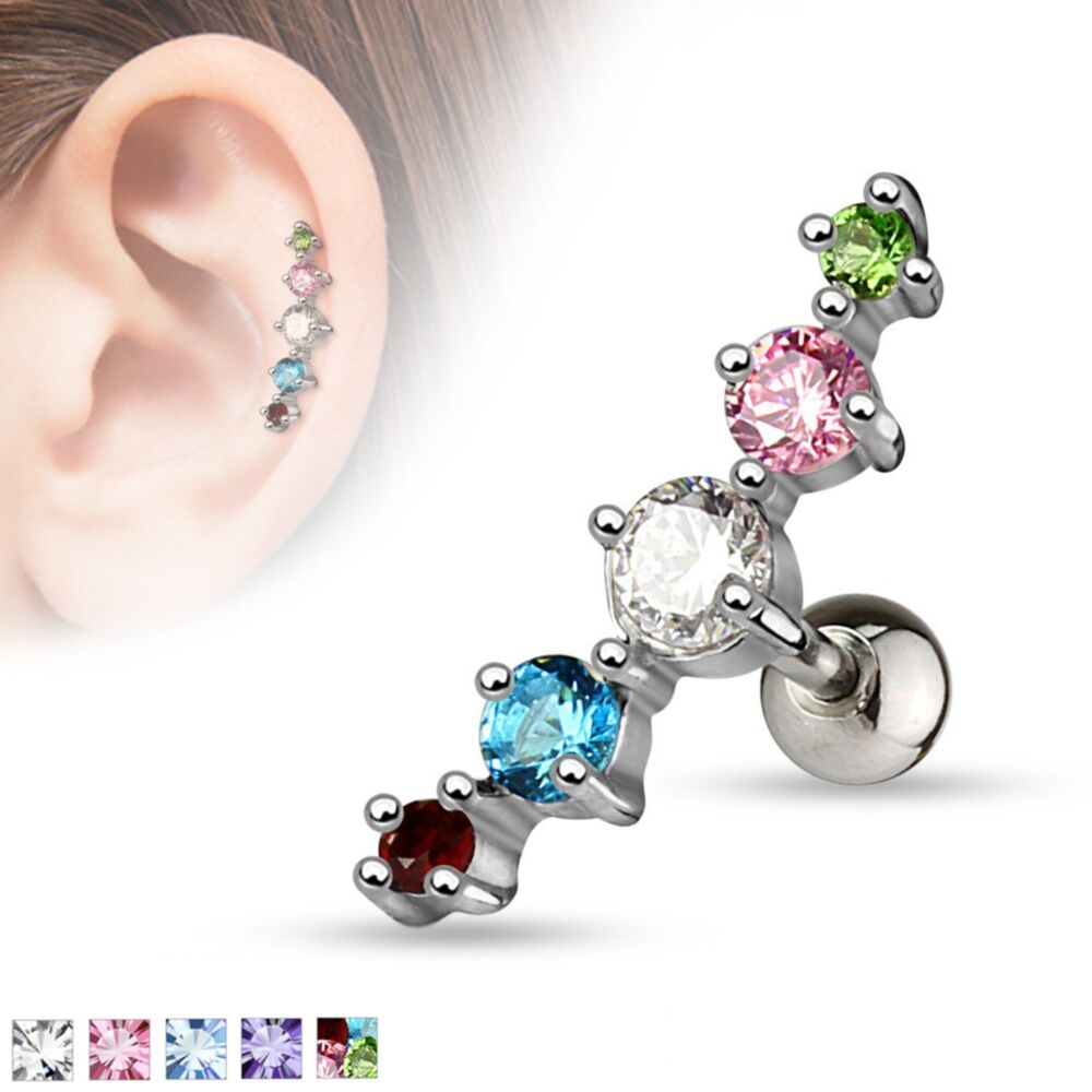 Journey Curve 5 Gems Tragus/Cartilage Piercing Stud 316L Surgical Steel