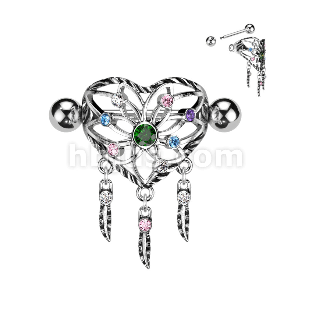 316L Surgical Steel Heart Dream Catcher Shield Nipple Ring With Multi... - Image 2