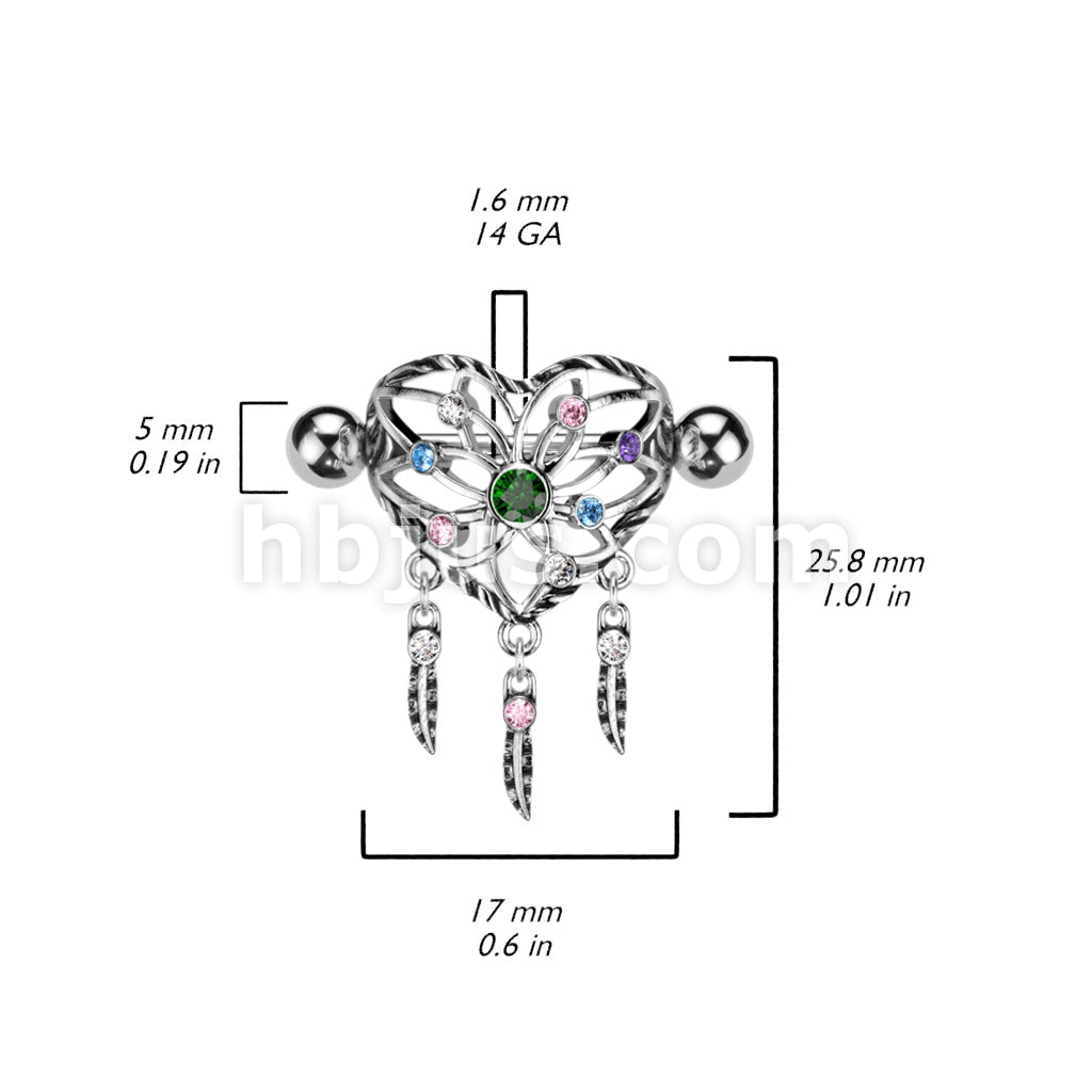 316L Surgical Steel Heart Dream Catcher Shield Nipple Ring With Multi... - Image 3